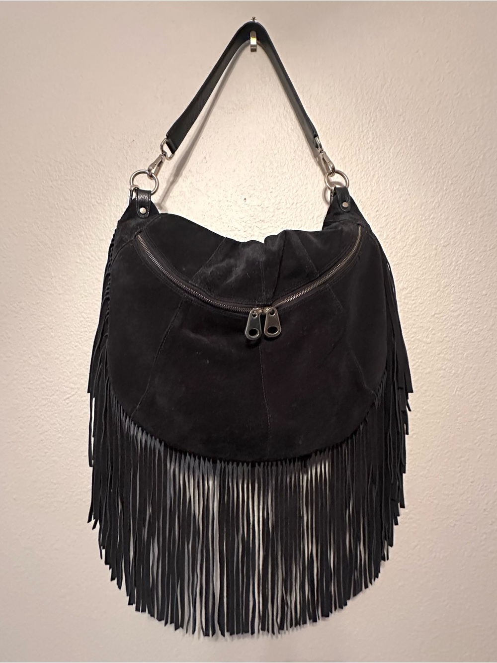 Festival Large Black Genuine Suede Fringe Half Moon Bag Whimsigoth Purse EUC